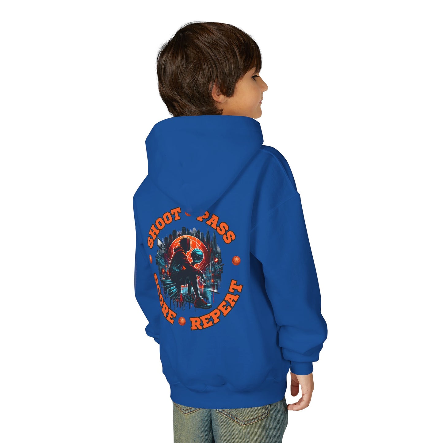Youth Basketball Hoodie — 'Shoot • Pass • Score • Repeat' Graphic Pullover