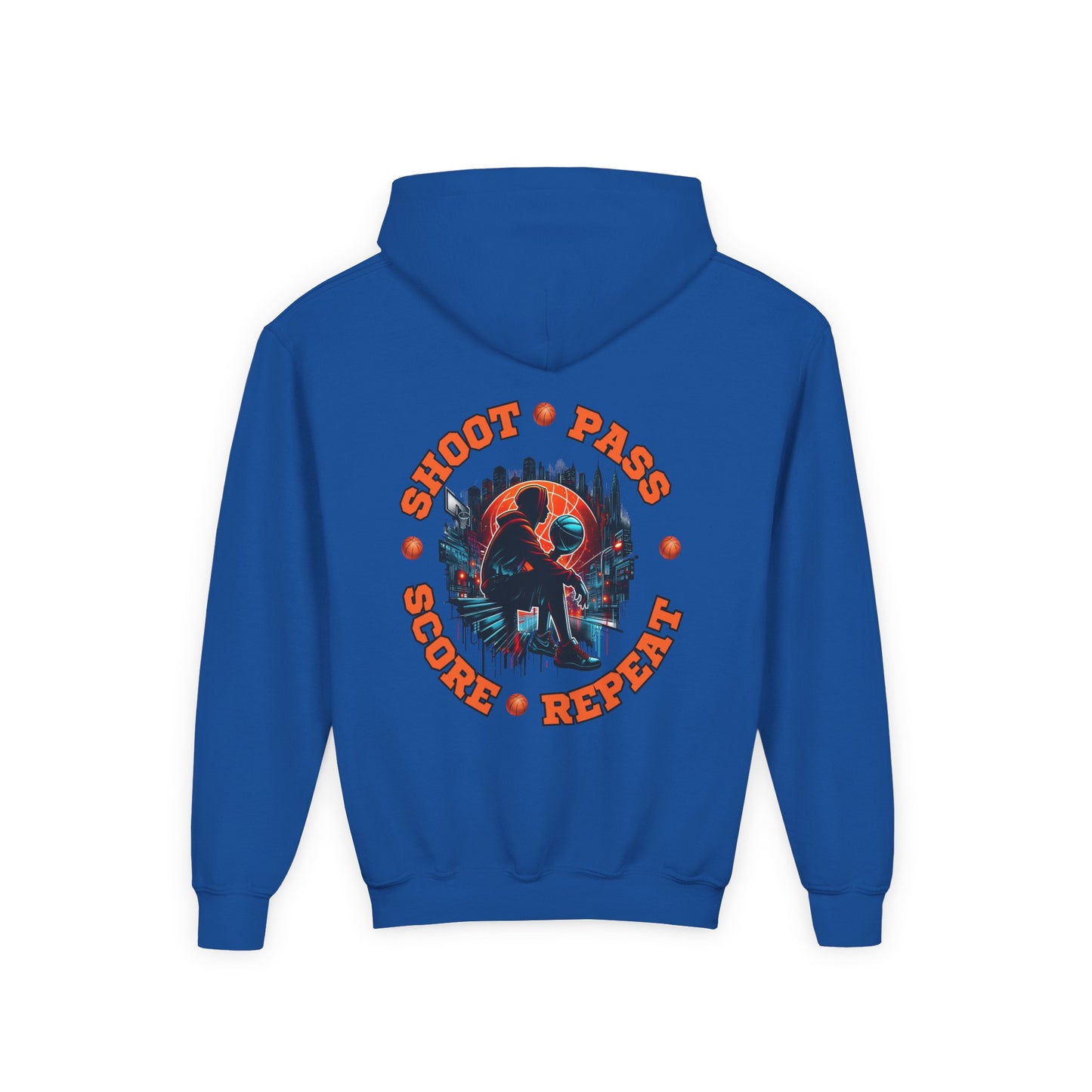 Youth Basketball Hoodie — 'Shoot • Pass • Score • Repeat' Graphic Pullover