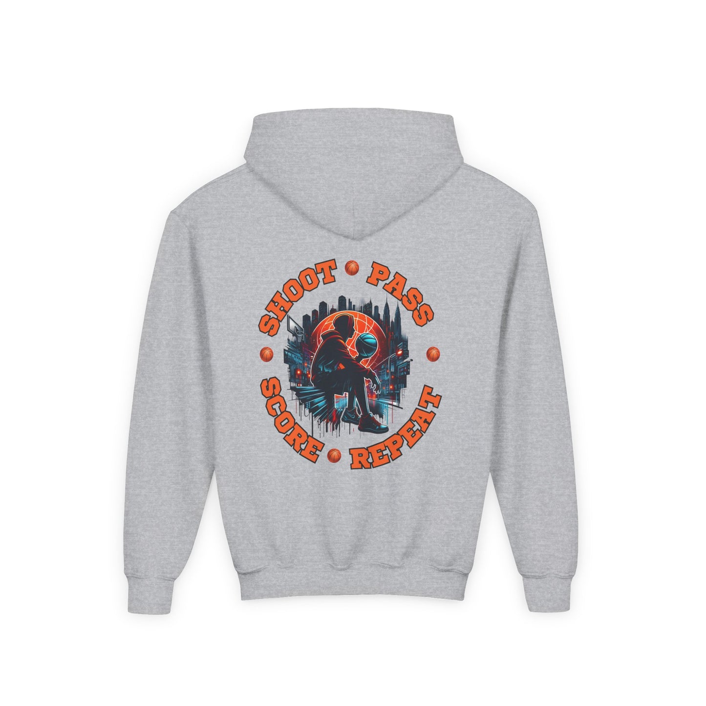 Youth Basketball Hoodie — 'Shoot • Pass • Score • Repeat' Graphic Pullover