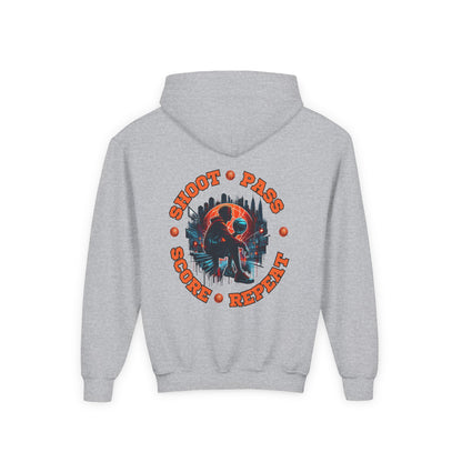 Youth Basketball Hoodie — 'Shoot • Pass • Score • Repeat' Graphic Pullover