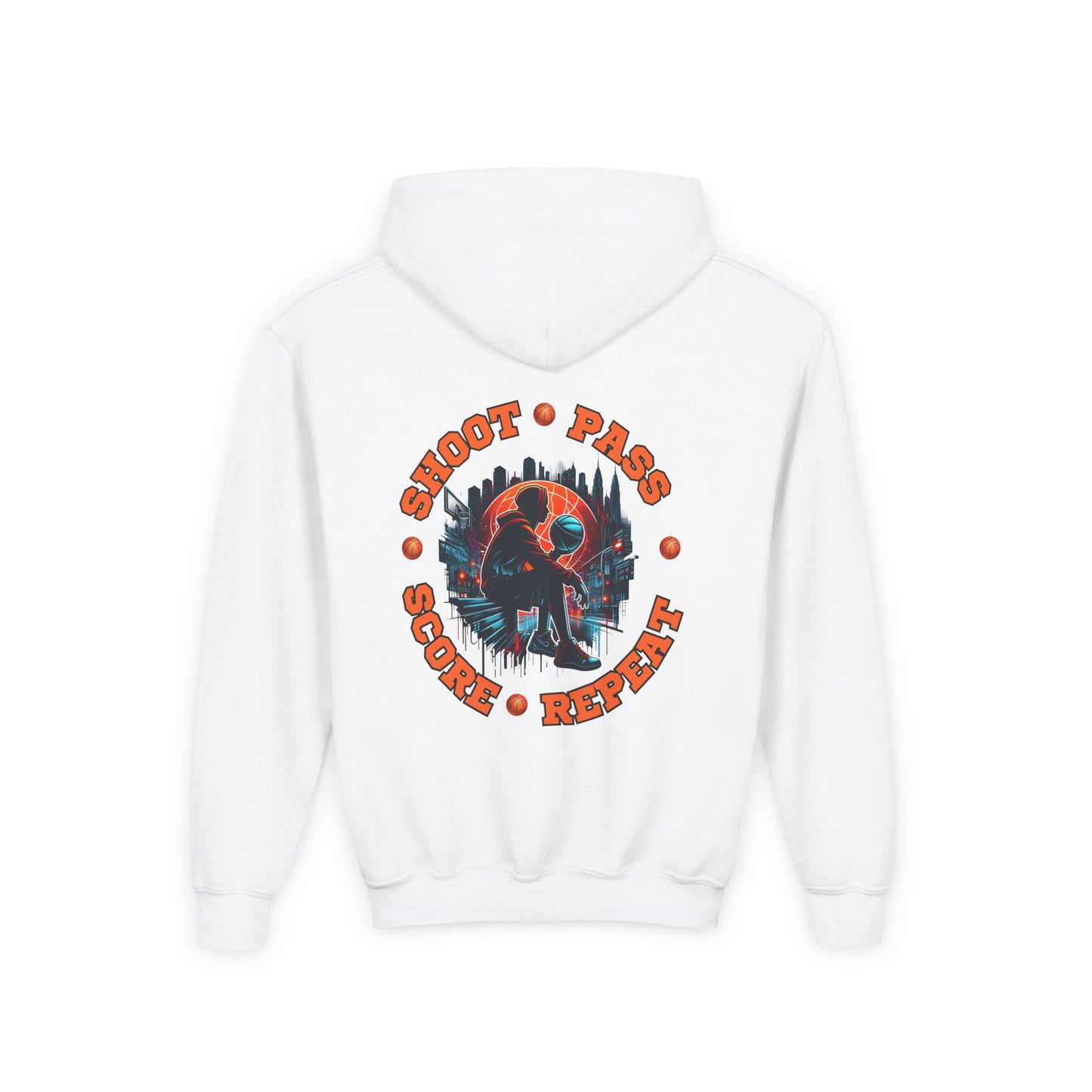 Youth Basketball Hoodie — 'Shoot • Pass • Score • Repeat' Graphic Pullover
