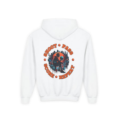 Youth Basketball Hoodie — 'Shoot • Pass • Score • Repeat' Graphic Pullover