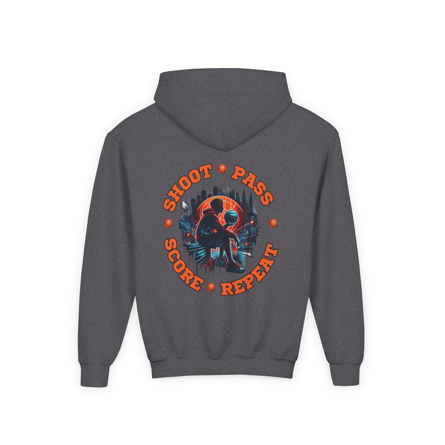 Youth Basketball Hoodie — 'Shoot • Pass • Score • Repeat' Graphic Pullover