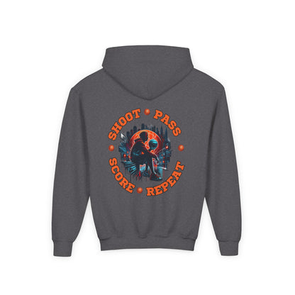 Youth Basketball Hoodie — 'Shoot • Pass • Score • Repeat' Graphic Pullover