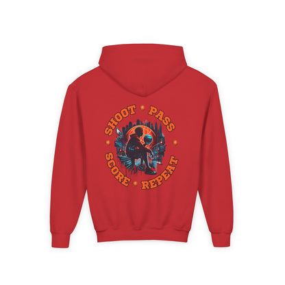 Youth Basketball Hoodie — 'Shoot • Pass • Score • Repeat' Graphic Pullover