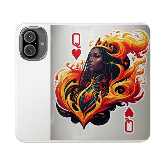Queen of Hearts Flame Flip Phone Case — Artistic Card Design Wallet Case