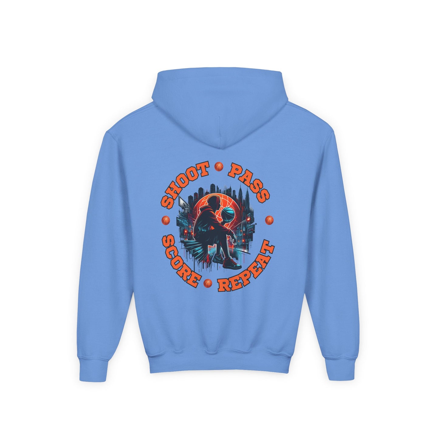 Youth Basketball Hoodie — 'Shoot • Pass • Score • Repeat' Graphic Pullover