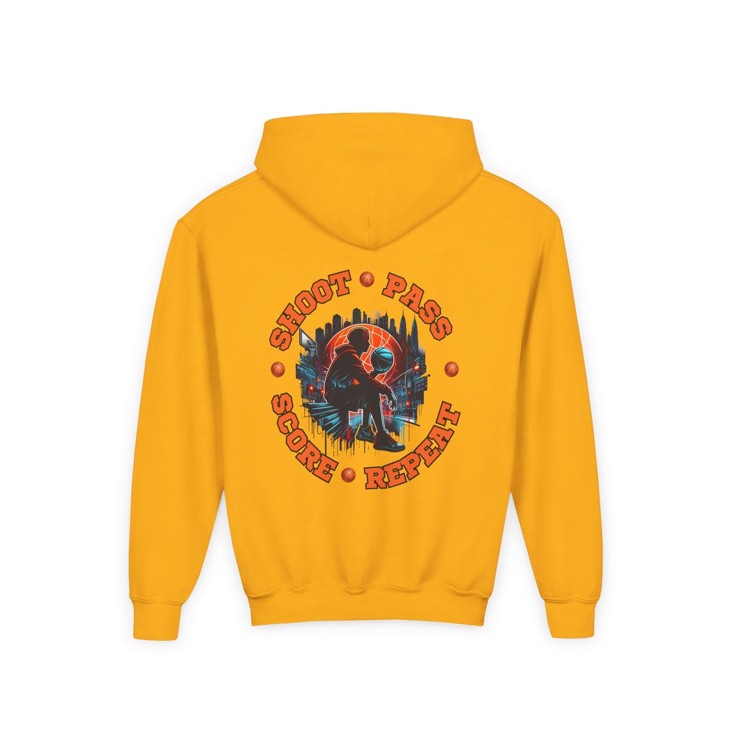 Youth Basketball Hoodie — 'Shoot • Pass • Score • Repeat' Graphic Pullover