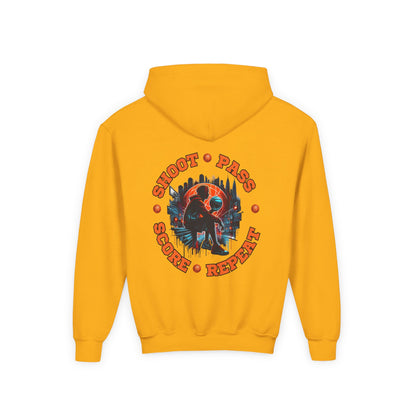 Youth Basketball Hoodie — 'Shoot • Pass • Score • Repeat' Graphic Pullover