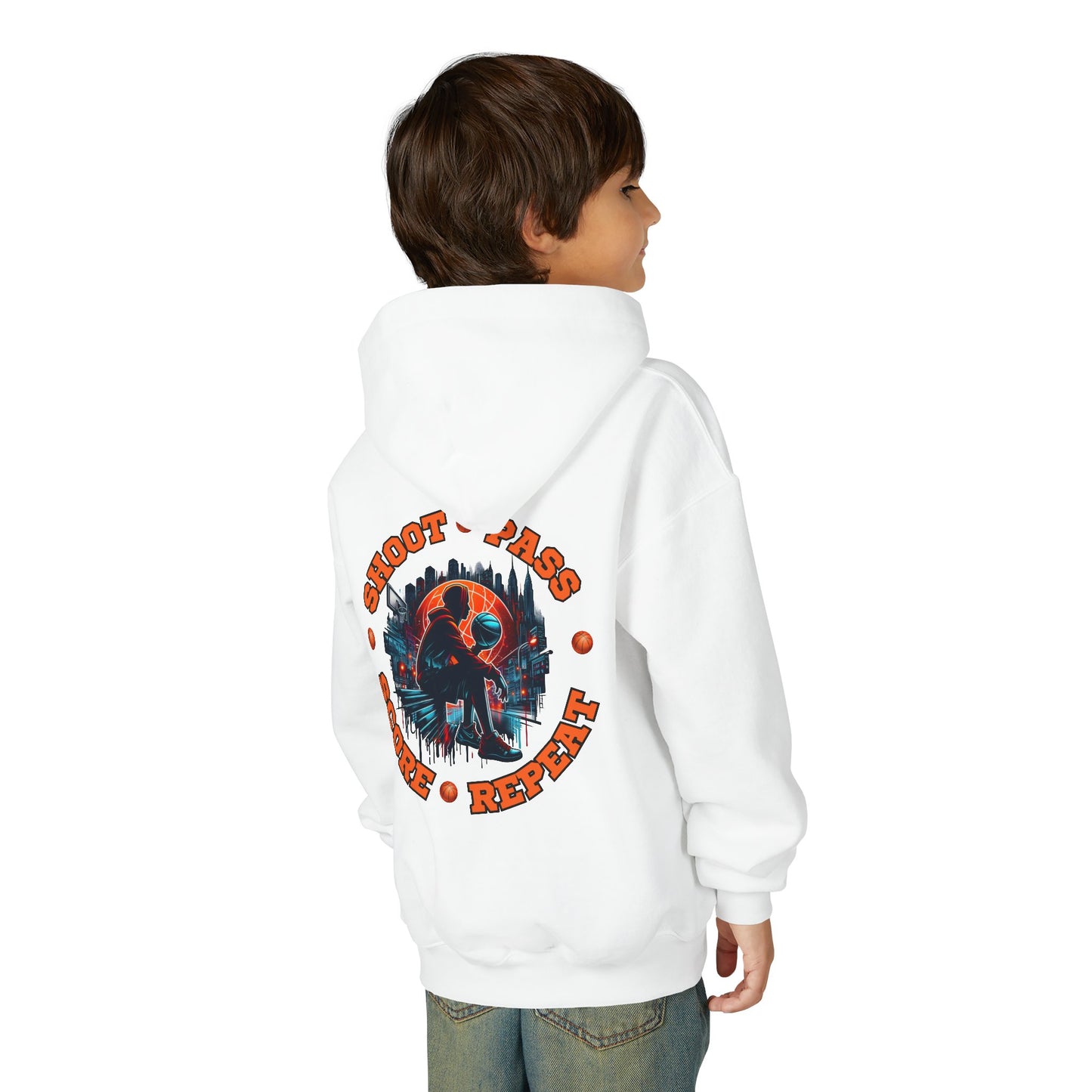 Youth Basketball Hoodie — 'Shoot • Pass • Score • Repeat' Graphic Pullover
