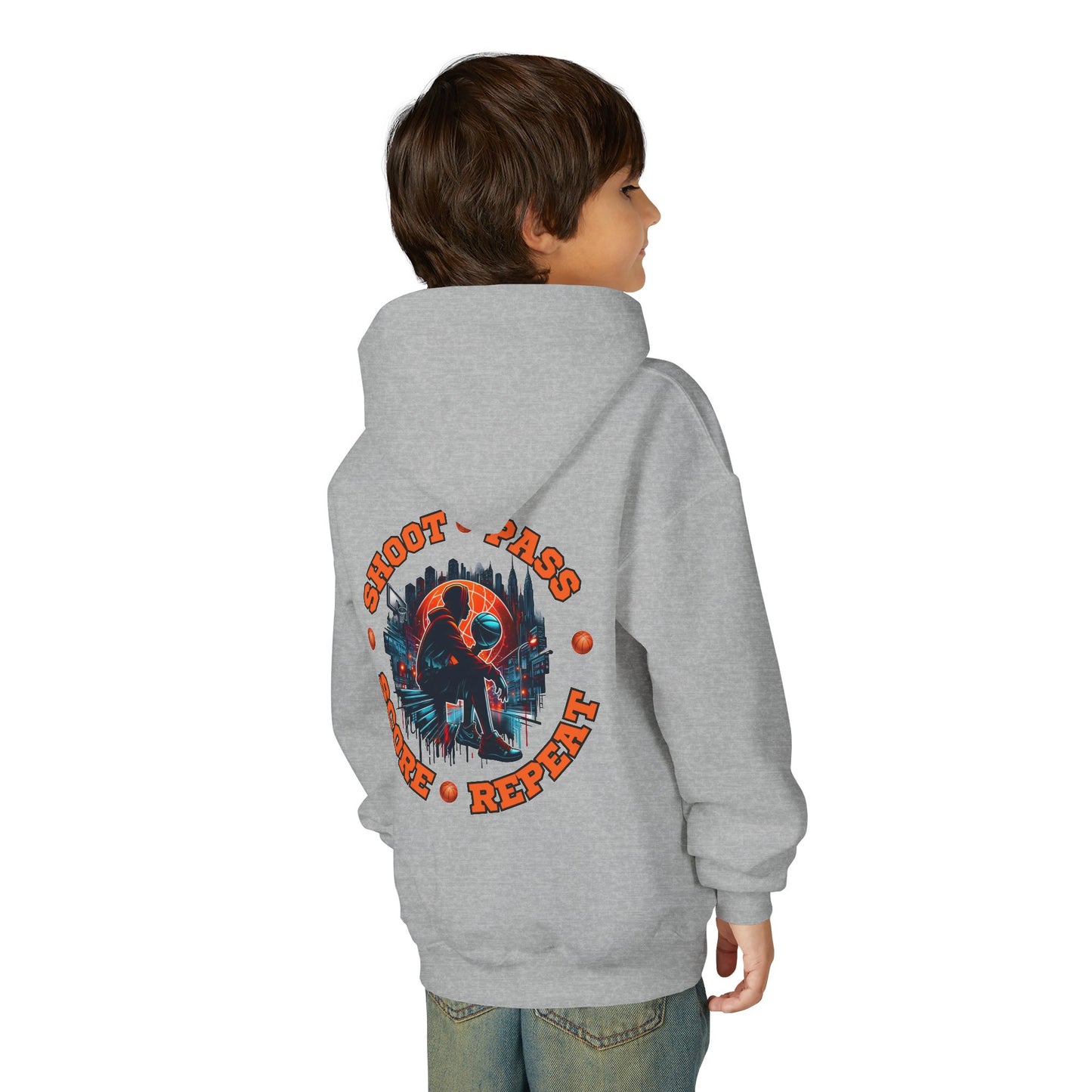 Youth Basketball Hoodie — 'Shoot • Pass • Score • Repeat' Graphic Pullover