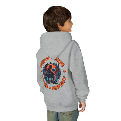 Youth Basketball Hoodie — 'Shoot • Pass • Score • Repeat' Graphic Pullover