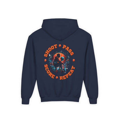 Youth Basketball Hoodie — 'Shoot • Pass • Score • Repeat' Graphic Pullover