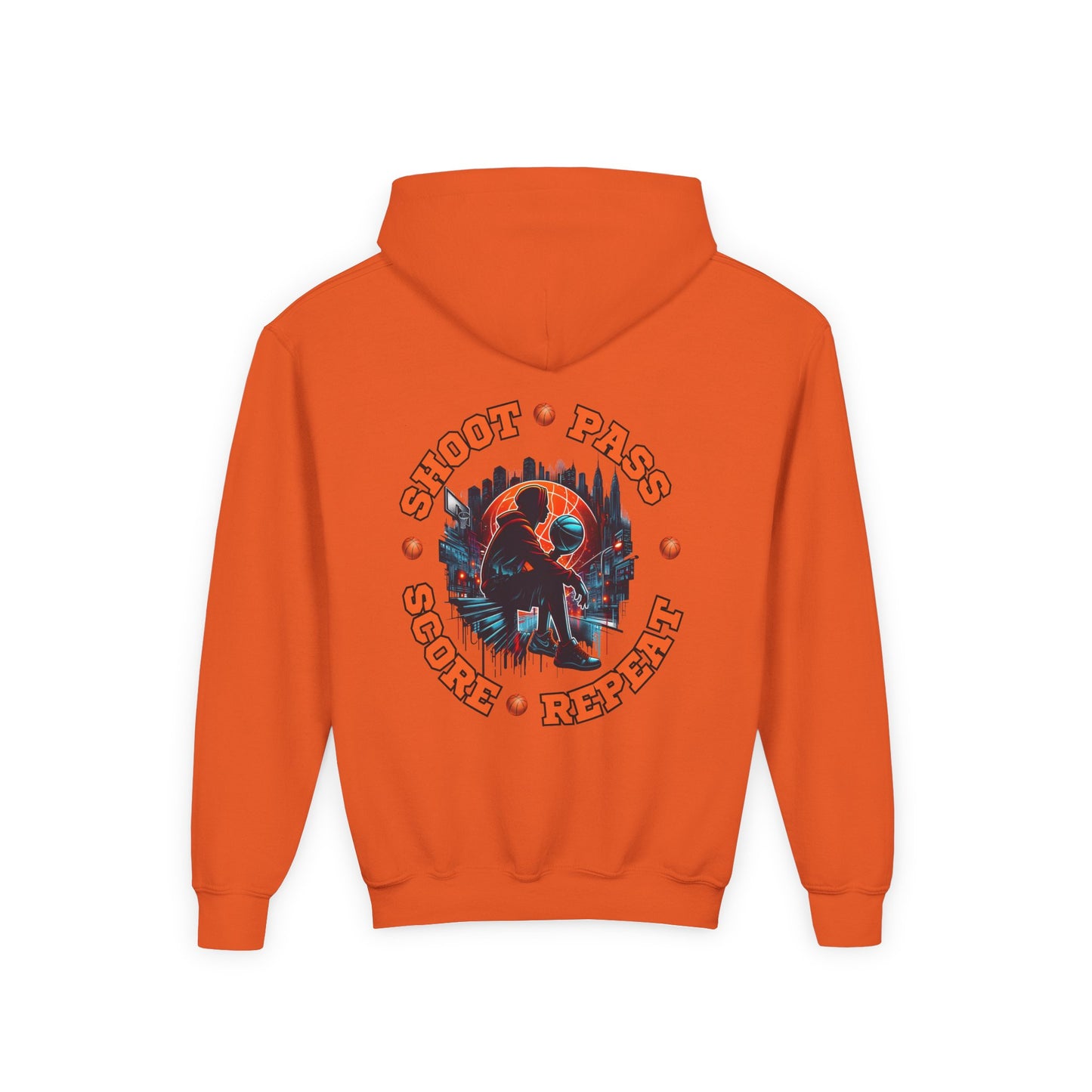 Youth Basketball Hoodie — 'Shoot • Pass • Score • Repeat' Graphic Pullover