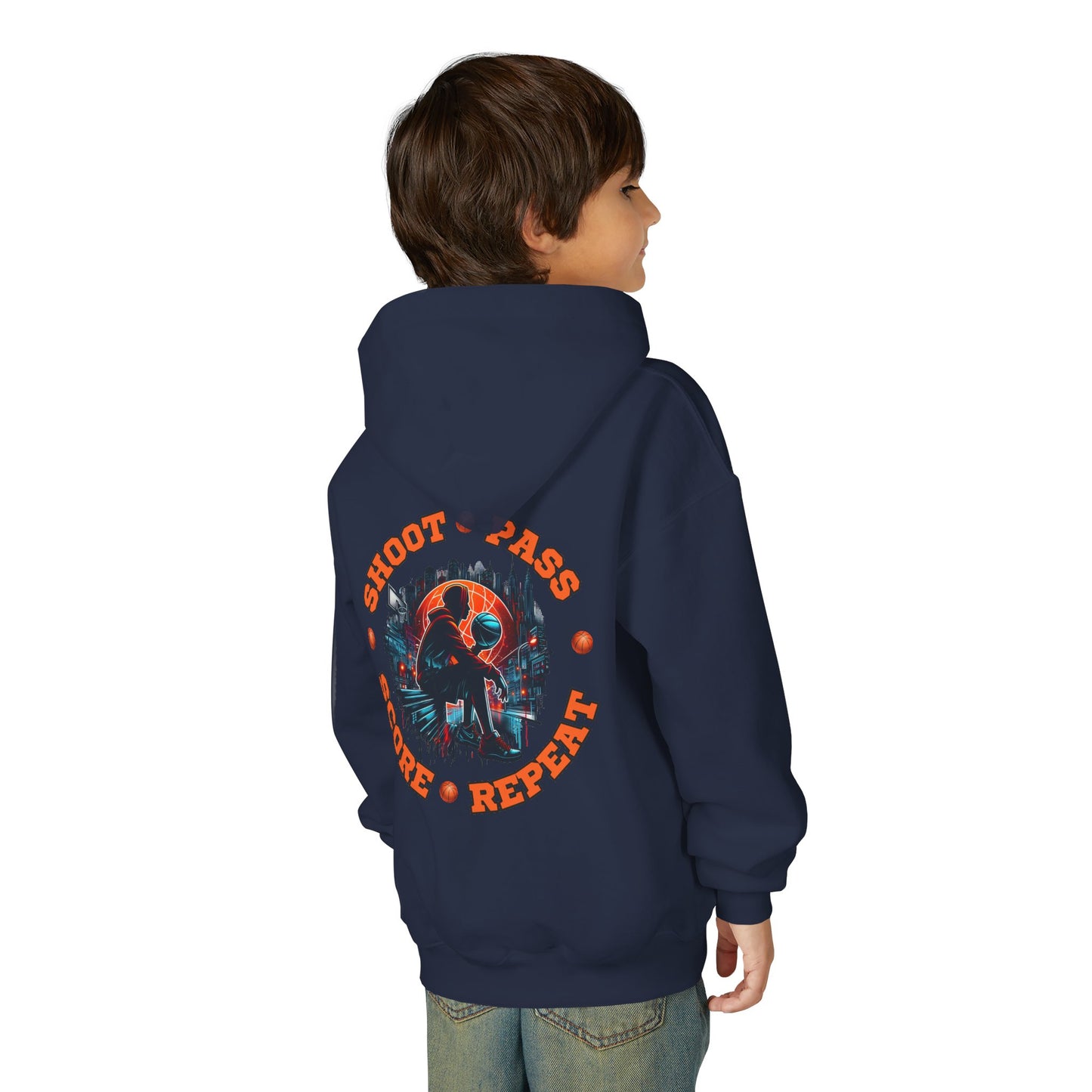 Youth Basketball Hoodie — 'Shoot • Pass • Score • Repeat' Graphic Pullover