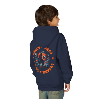 Youth Basketball Hoodie — 'Shoot • Pass • Score • Repeat' Graphic Pullover