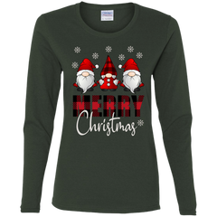 Funny Gnome Merry Christmas Cute Ladies Cotton LS T-Shirt