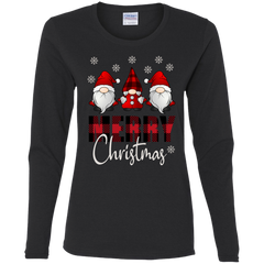 Funny Gnome Merry Christmas Cute Ladies Cotton LS T-Shirt