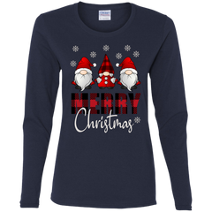 Funny Gnome Merry Christmas Cute Ladies Cotton LS T-Shirt